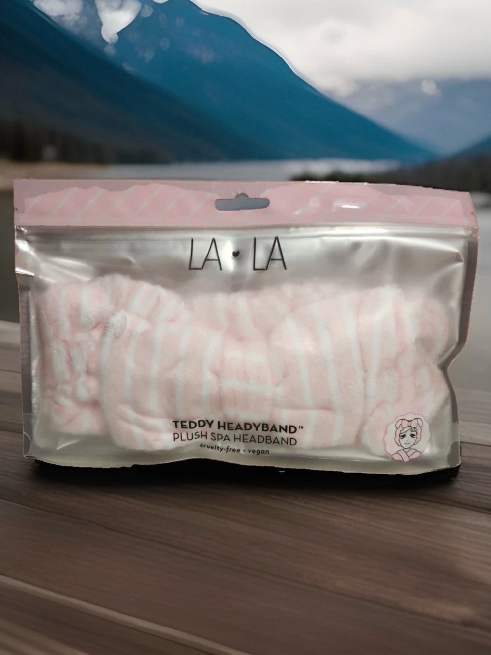 LA LA Plush Teddy Bear Spa Headband Pink/White Striped Vegan Cruelty-Free